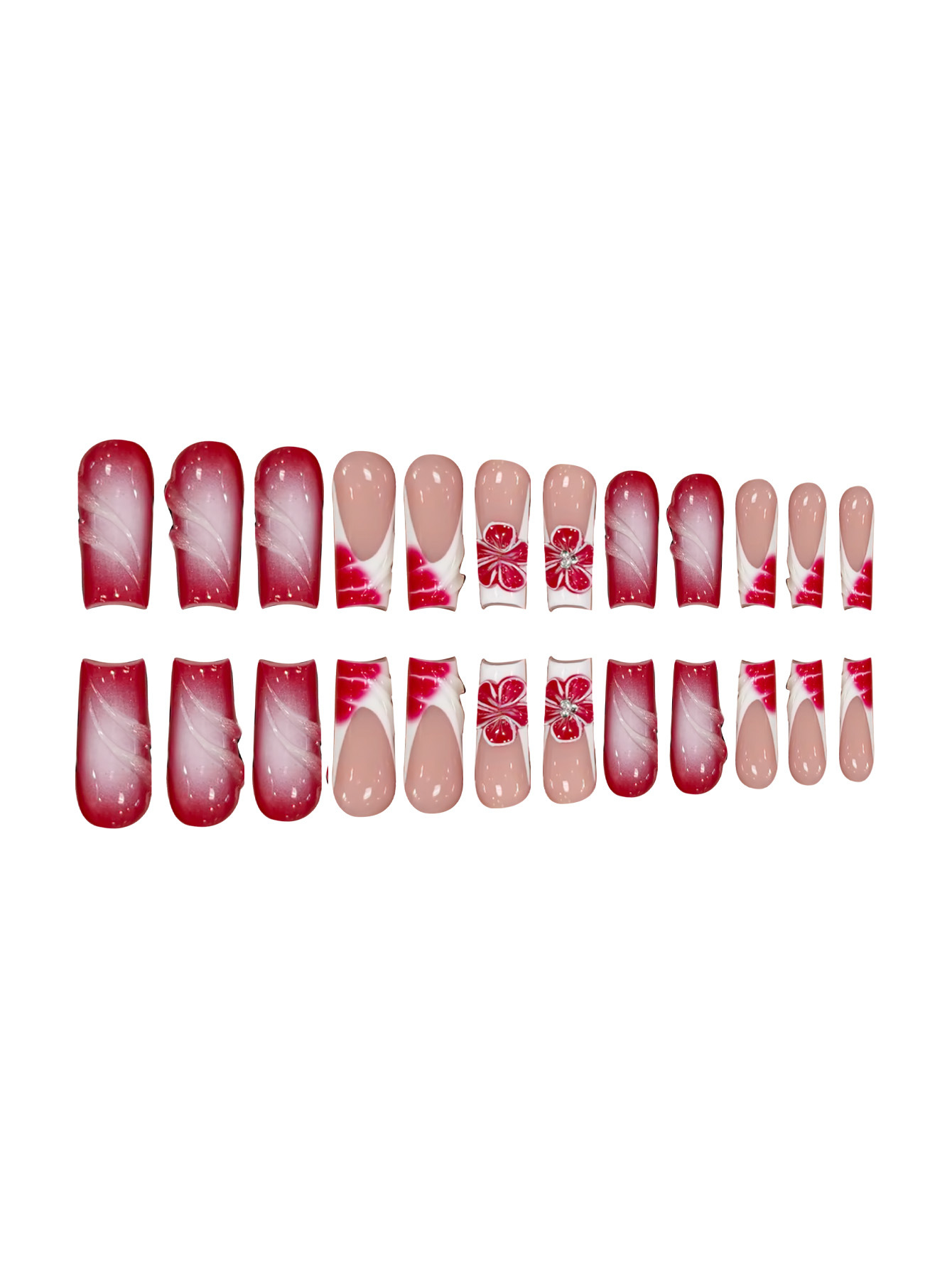 Cross-border bestseller: Wholesale of a set of 24-piece red gradient gradient French 3D flower long pipe nail prosthetics pic 5