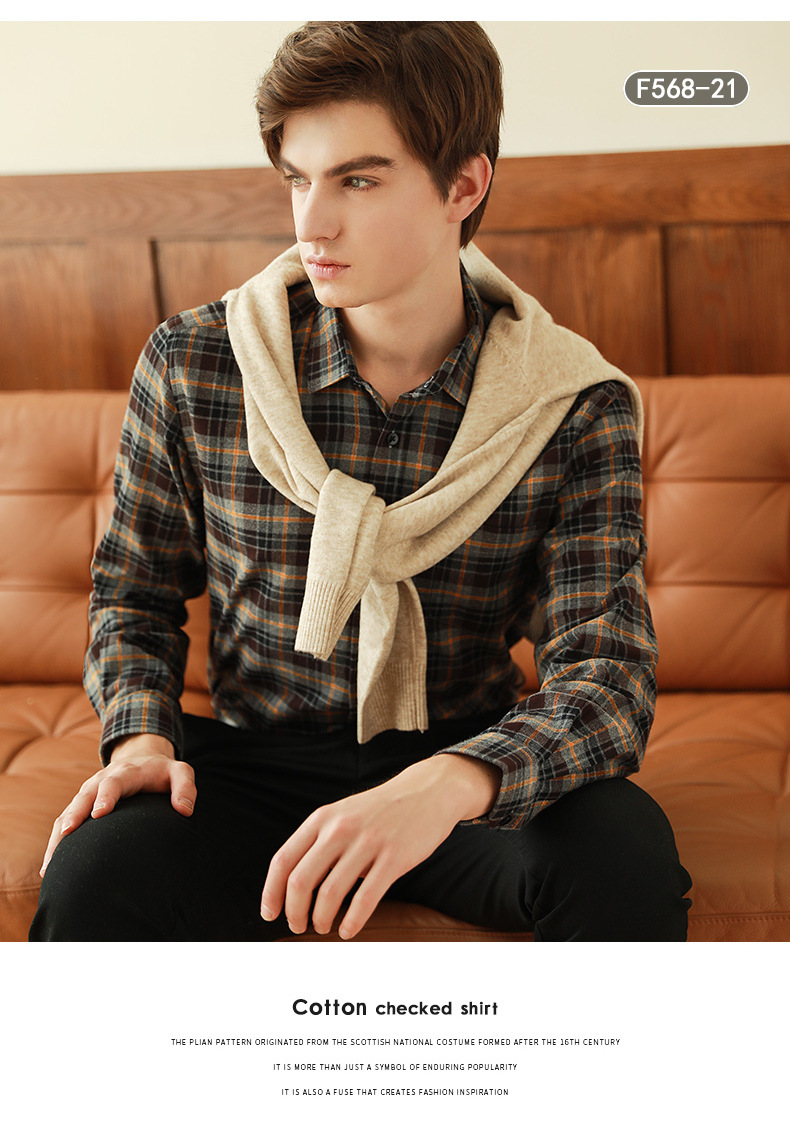 格子衬衫男士长袖秋冬新款全棉休闲韩版英伦修身纯棉磨毛透气衬衣 pic 14