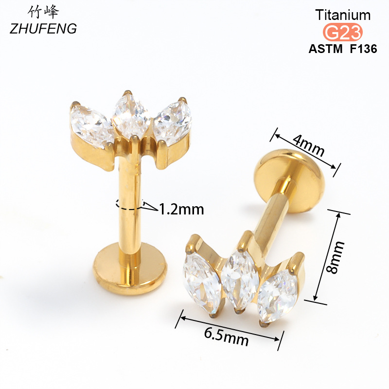 F136钛合金镶锆石耳钉时尚高级感镀金不掉色耳骨钉内牙螺旋唇钉详情8