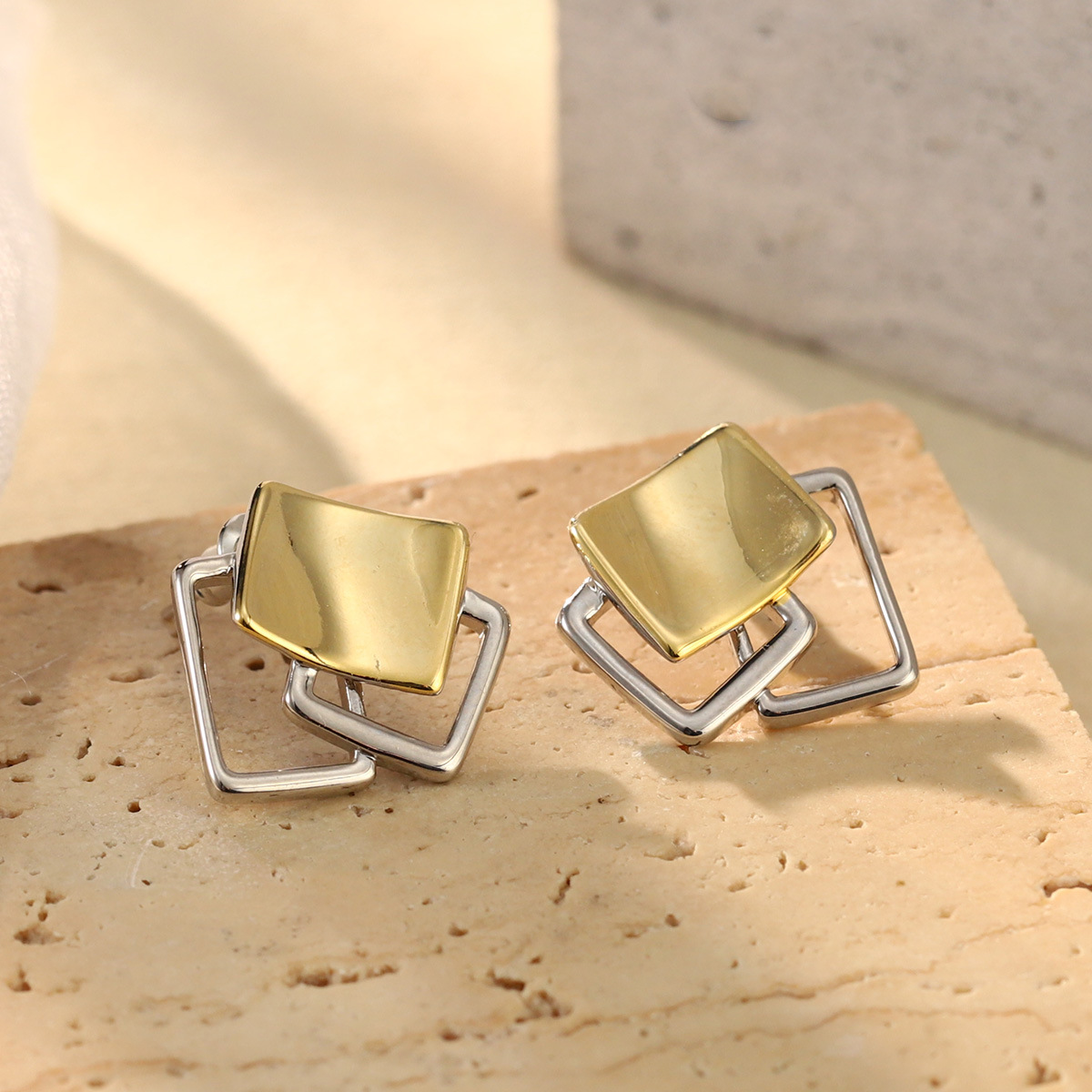 French geometric metal minimalist earrings with an irregular texture, white lava ring and enamel adjustable joints pic 39