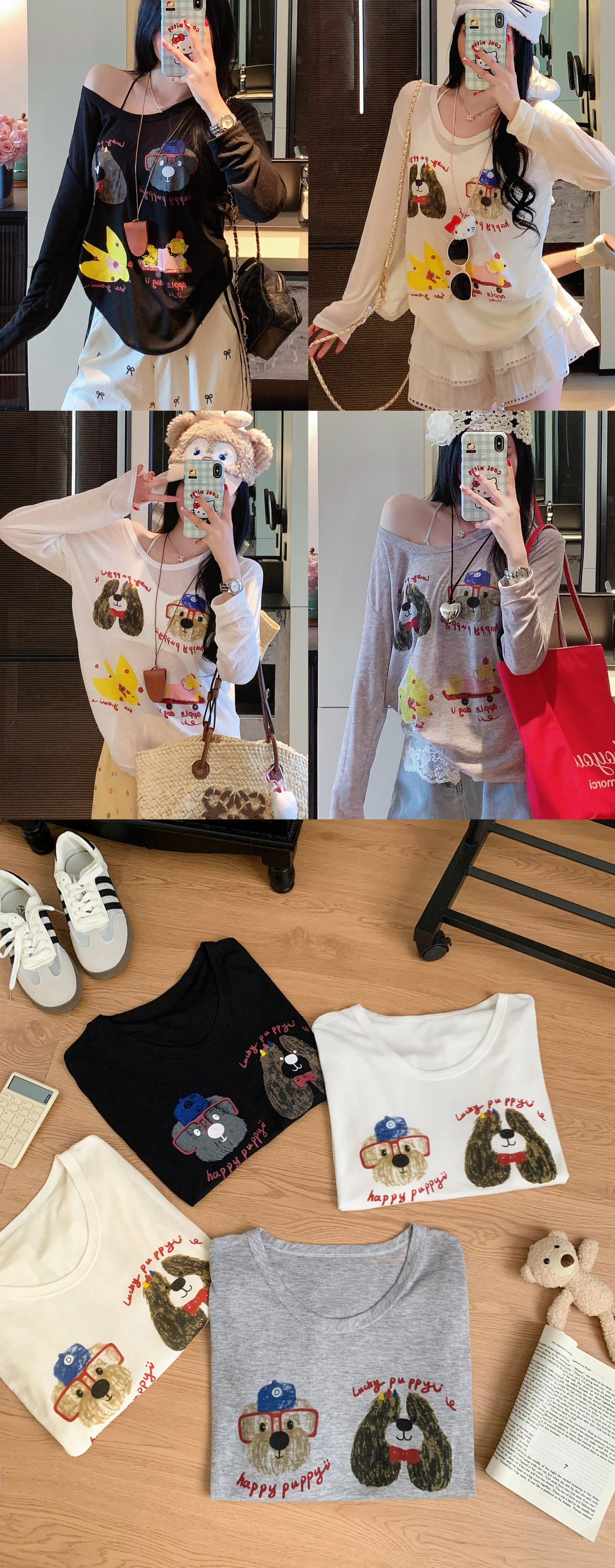 Loose-fitting, wide-necked, thin, sun-protective smock for women, summer, youthful cartoon printed long-sleeved T-shirt, U-neck top pic 30