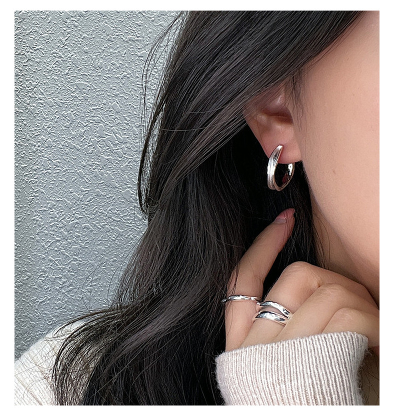 S925 sterling silver basic style Korean-style bright silver C-shaped earrings, retro style Korean fashion earrings wholesale pic 17