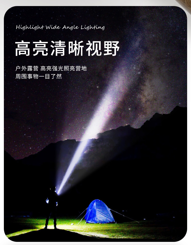 跨境新款LED手电筒Type-C充电户外露营铝合金大光杯强光手电筒详情6