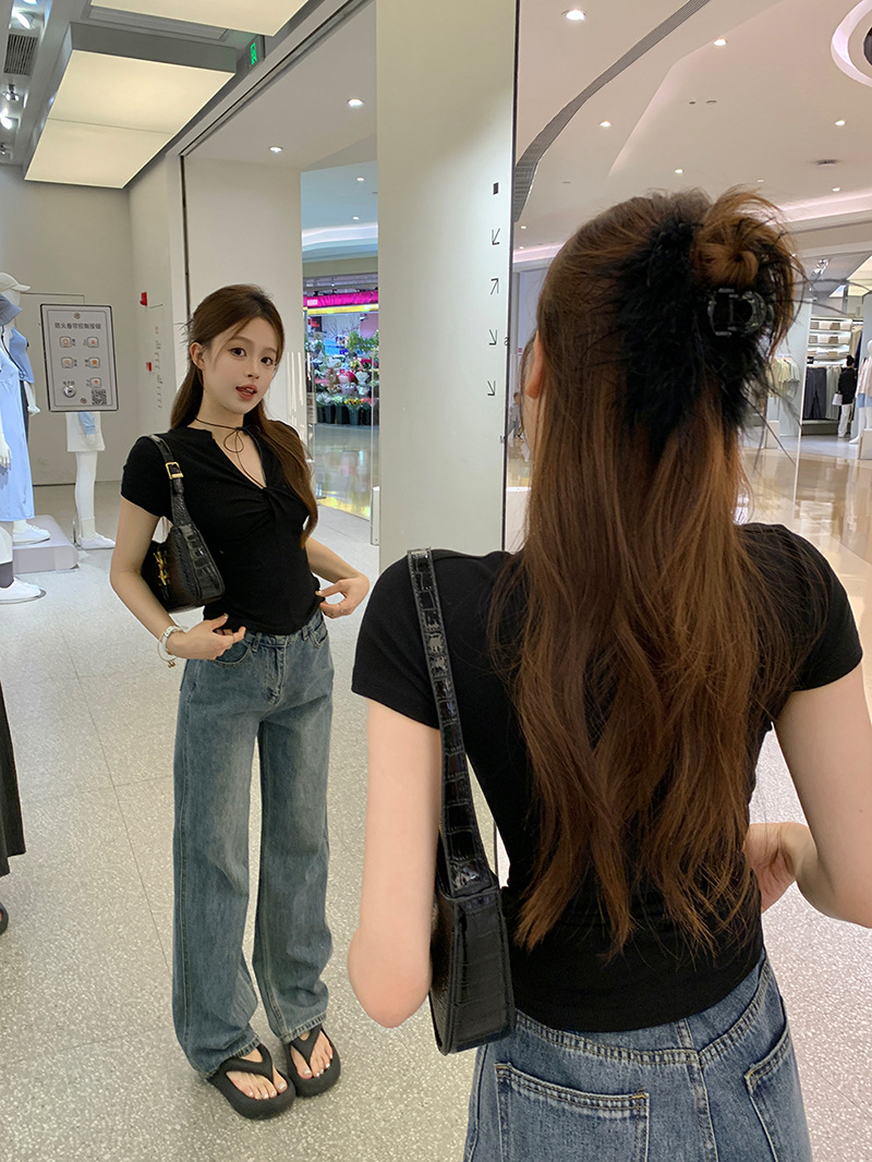 雅姿欣设计感白色短袖T恤两穿修身辣妹百搭显瘦内搭上衣女一字肩详情23