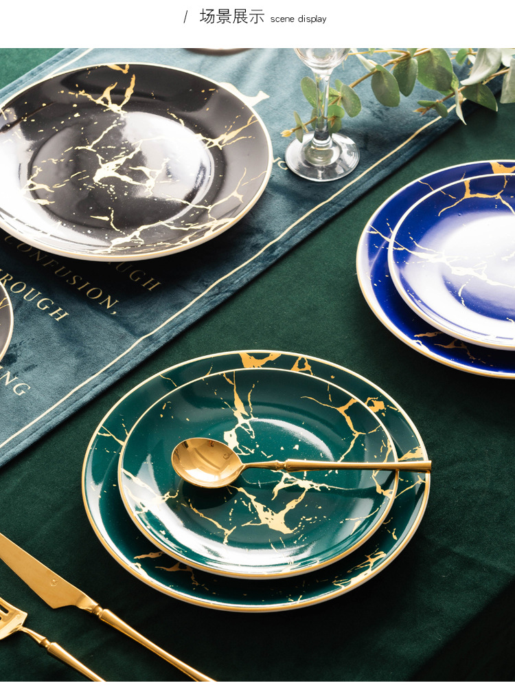 European-style gold-edge tableware, marble-patterned plates, Western plates, steak plates, household tableware, banquet dessert presentation model room pic 4