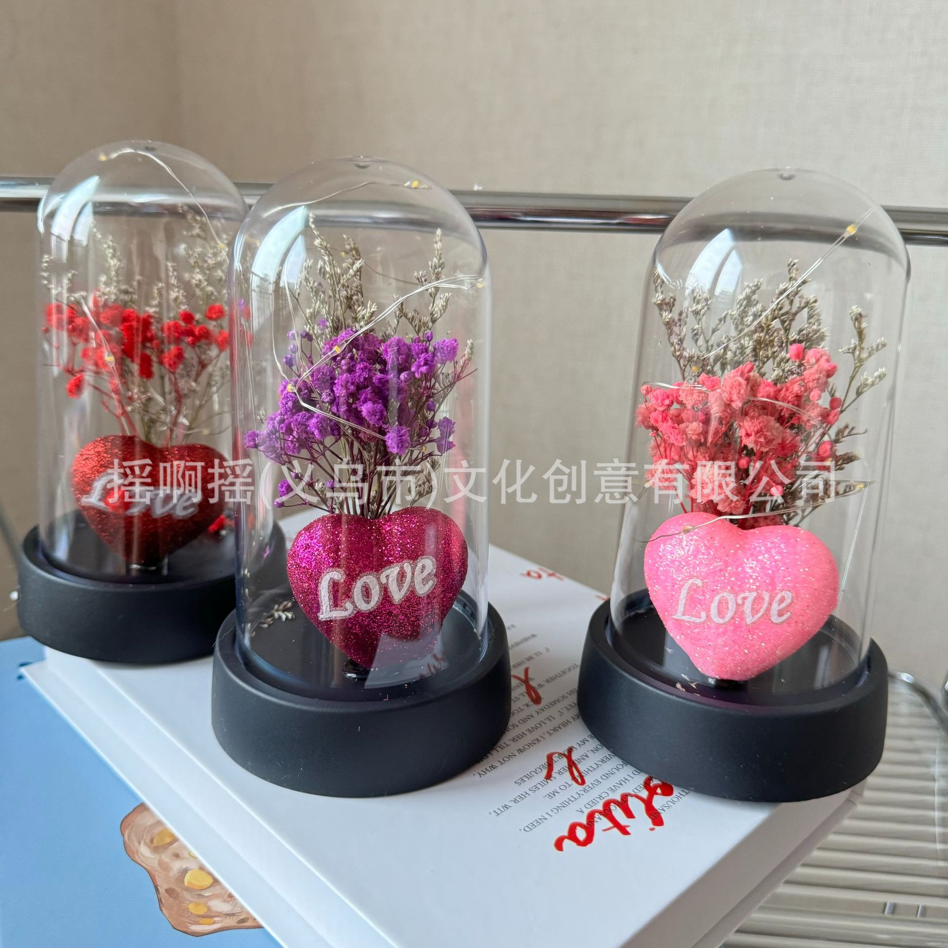 跨境玻璃罩永生花玫瑰花灯三八情人节创意摆件场景布置氛围装饰灯详情9