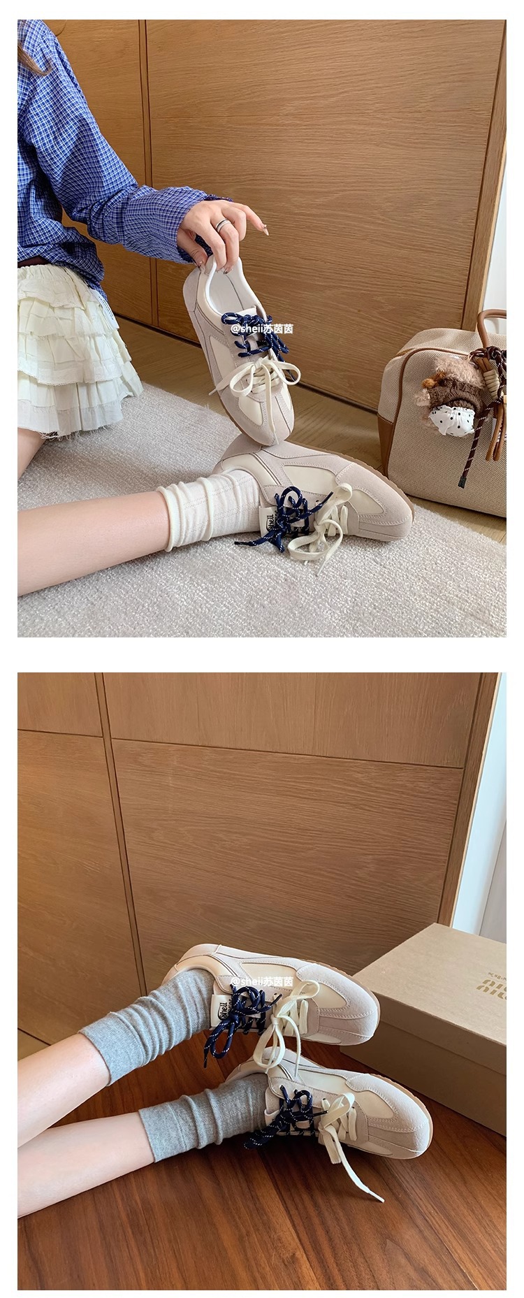 苏茵茵同款 韩国女高~2025复古鸳鸯鞋带休闲鞋运动德训鞋女阿甘鞋详情9