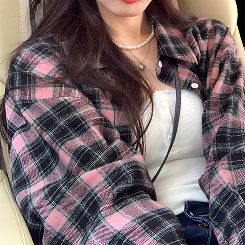 幂式穿搭早秋女复古格子衬衫慵懒风宽松衬衣开衫外套长袖上衣详情4