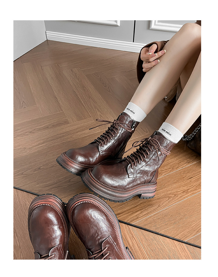 英伦复古系带厚底马丁靴秋冬季单靴精致手抓纹粗跟短靴女机车靴子详情31