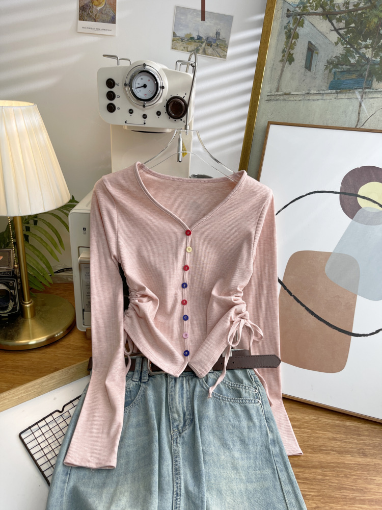 抽绳针织长袖t恤女2024秋新款修身短款设计感内搭打底衫上衣4659详情14