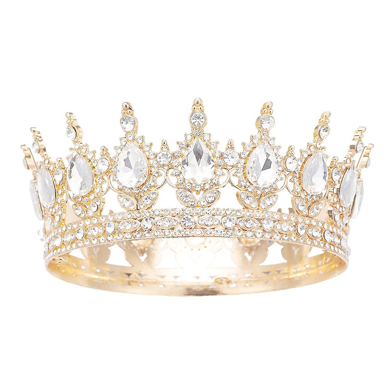 Cross-border European and American luxury diamond-encrusted crown beauty pageant Alloy large crown for women Baroque retro rhinestone round crown pic 6