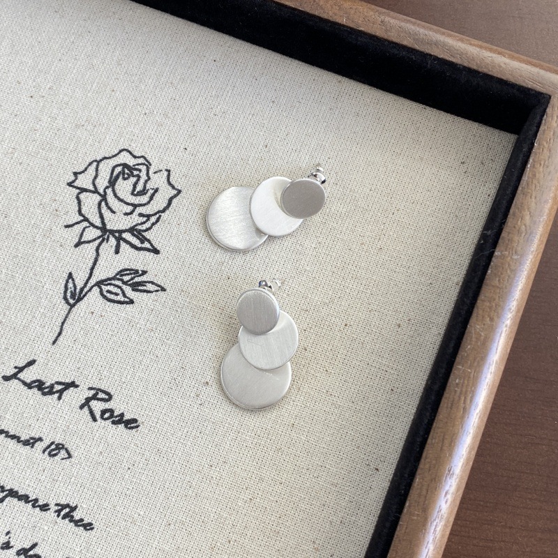 泰国小众文艺复古三层圆片拉丝耳环S925银针几何圆形叠片简约耳钉详情7