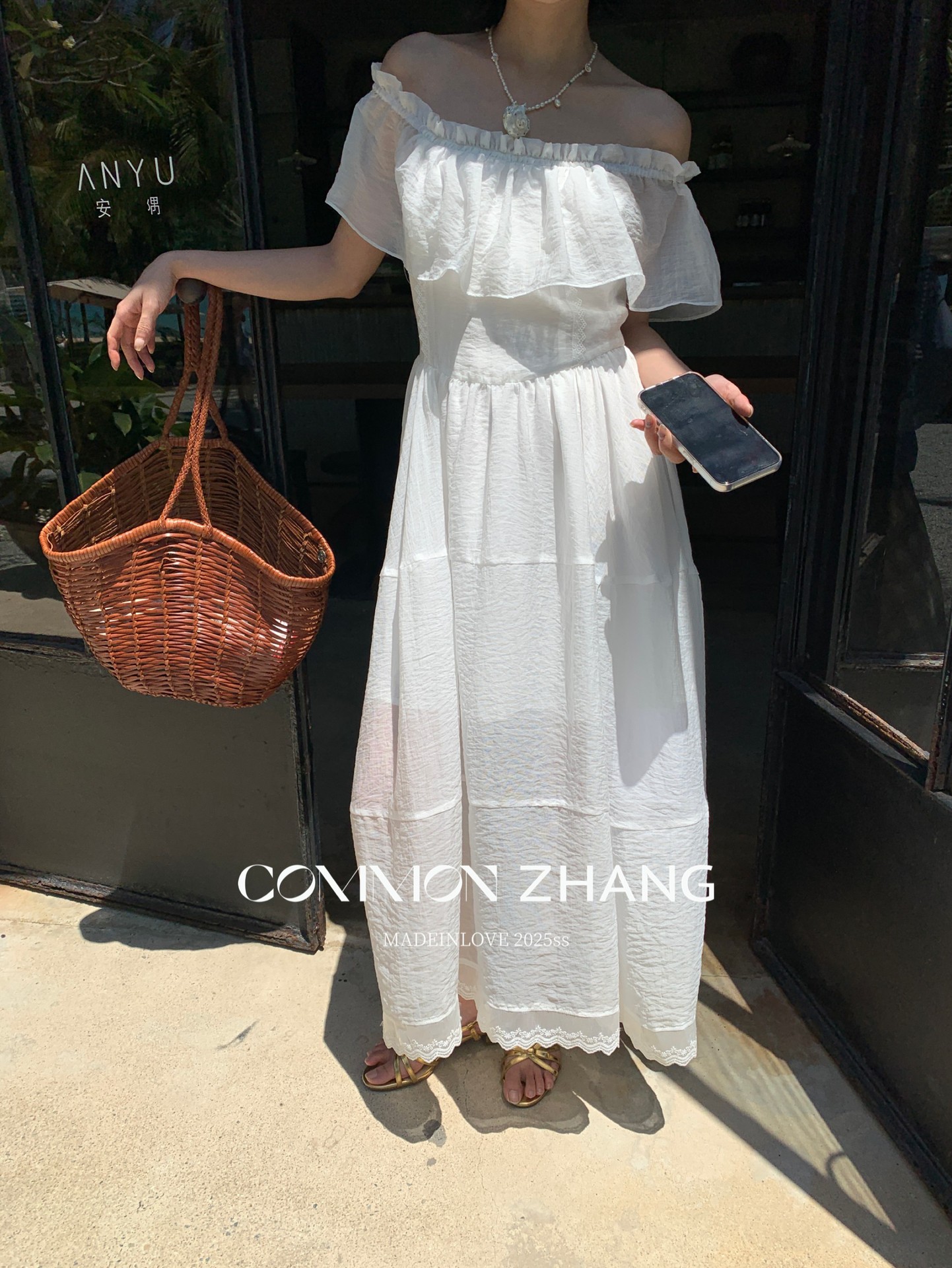 CZ ZHANG Summer French lace patchwork one-shoulder off-the-shoulder sexy slightly transparent texture dress for women B26857 pic 5