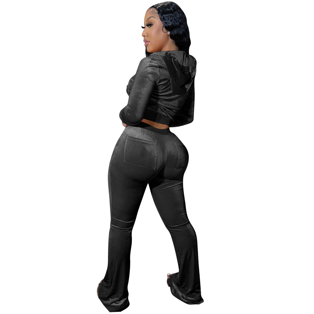 Solid color gold velvet wide-leg pants two-piece set pic 215