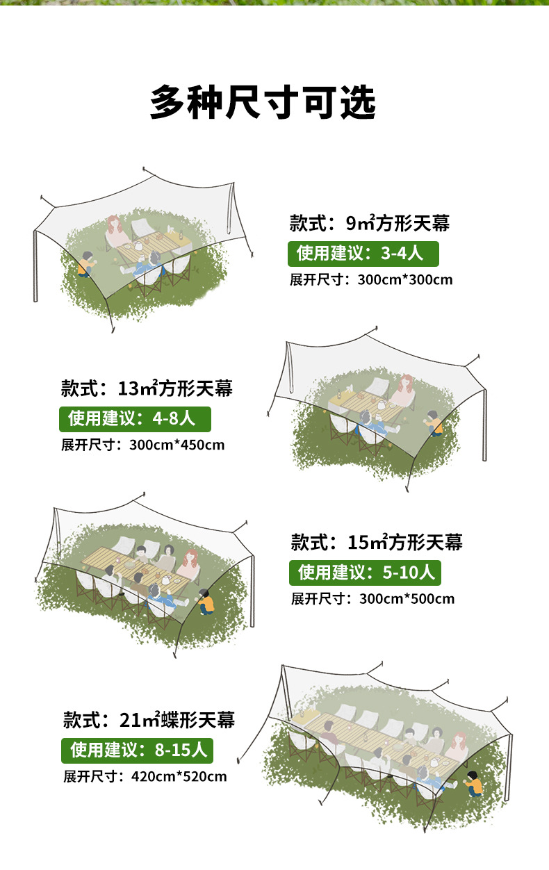 户外黑胶天幕便携露营防雨防晒涂银遮阳棚布野营凉棚野餐加厚天幕详情15
