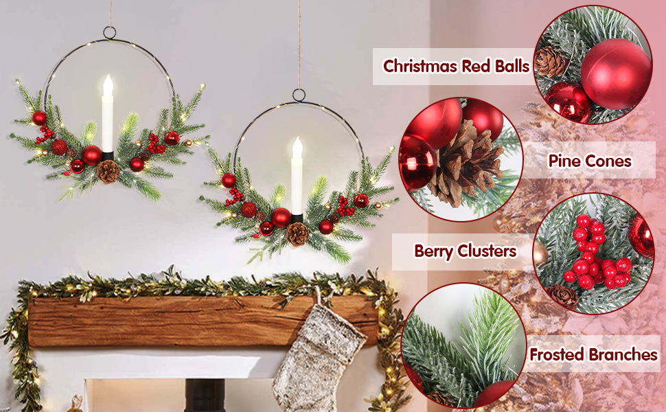 跨境圣诞节烛台花环仿真松针带松果门挂墙饰家居节庆气氛布置壁挂详情2