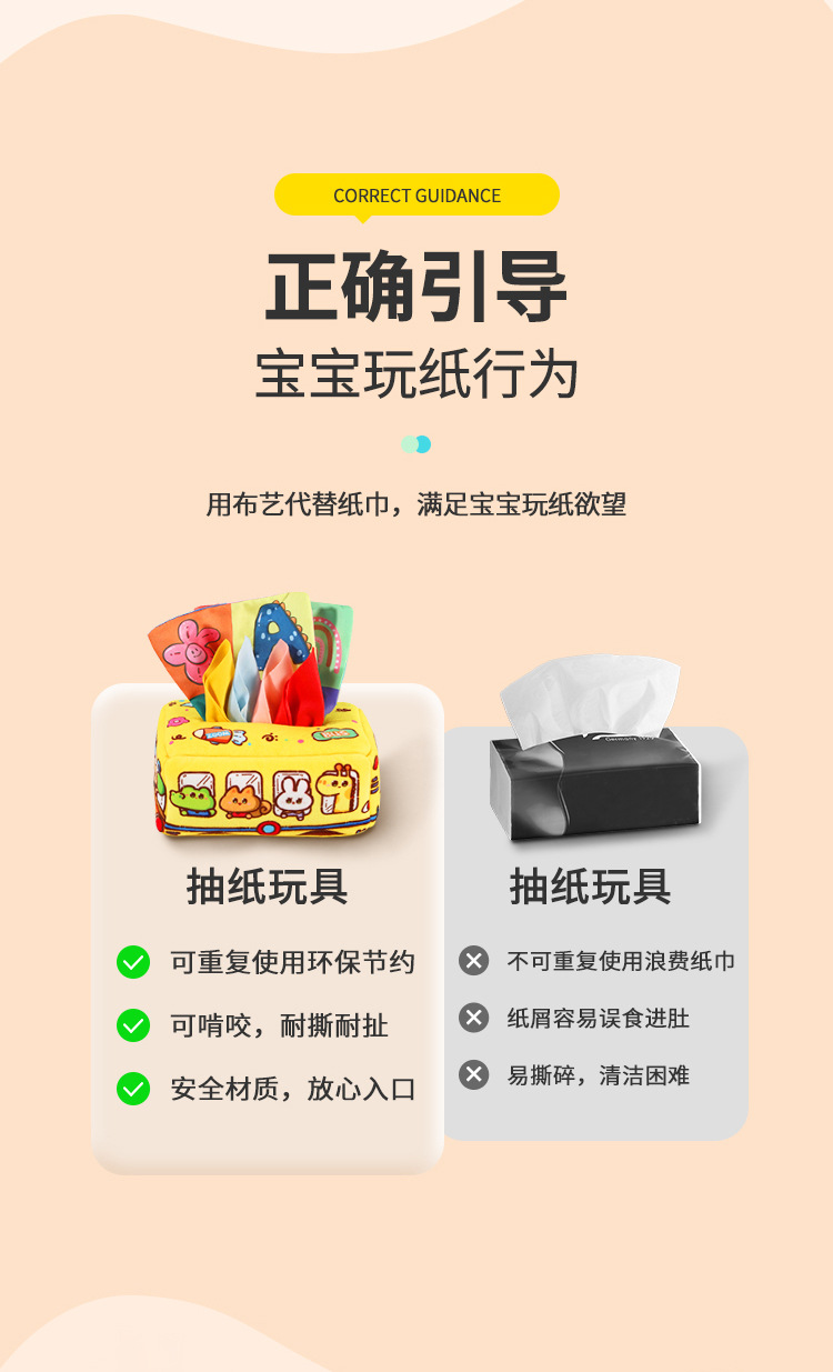 宝宝手指抽纸巾锻炼玩具早教安抚撕不烂纸巾盒宝宝布书婴儿玩具跨境儿童益智启蒙用品详情3