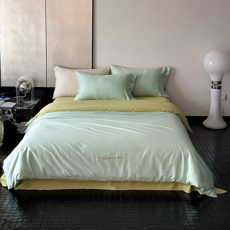 Simple, light luxury and fashionable solid-color long-staple cotton four-piece set, pure cotton letter-embroidered duvet cover, double bedding pic 75