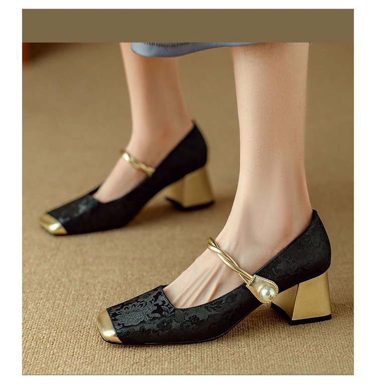 春季高跟鞋女一字带单鞋新中式国风拼色方头玛丽珍鞋法式珍珠粗跟详情16