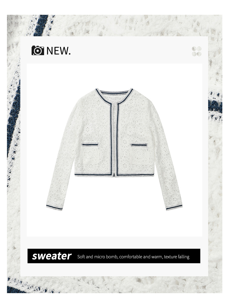 加工定制简约外搭钩花镂空针织开衫女圆领上衣长袖素色高级气质感详情6