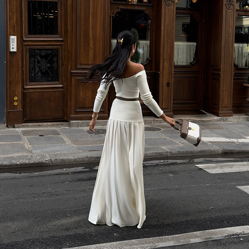 D016DS European and American cross-border 2024 Autumn new solid color one-shoulder long-sleeved slim French patchwork long dress pic 7