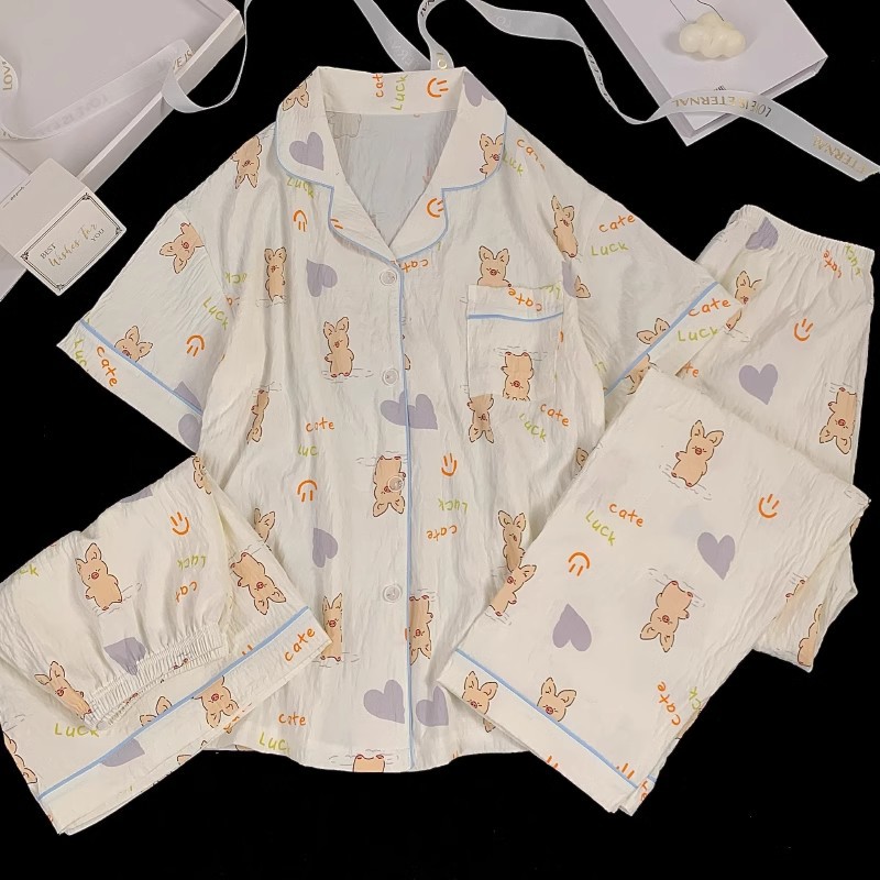 可爱小狗睡衣女款夏季云朵棉短袖短裤三件套少女休闲可外穿家居服详情15