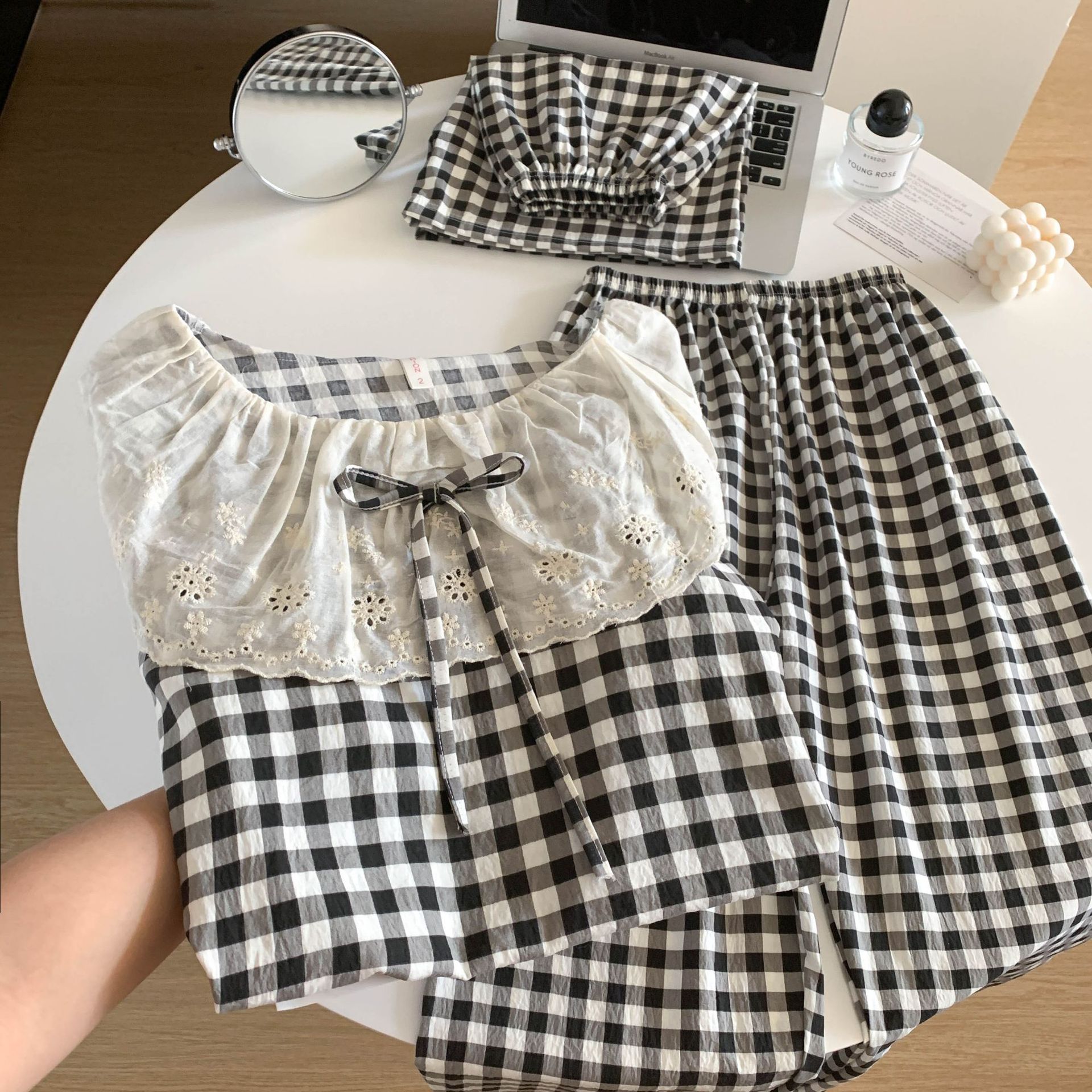 跨境外贸爆款三件套睡衣女短袖短裤长裤甜美大翻领蕾丝花边家居服详情8