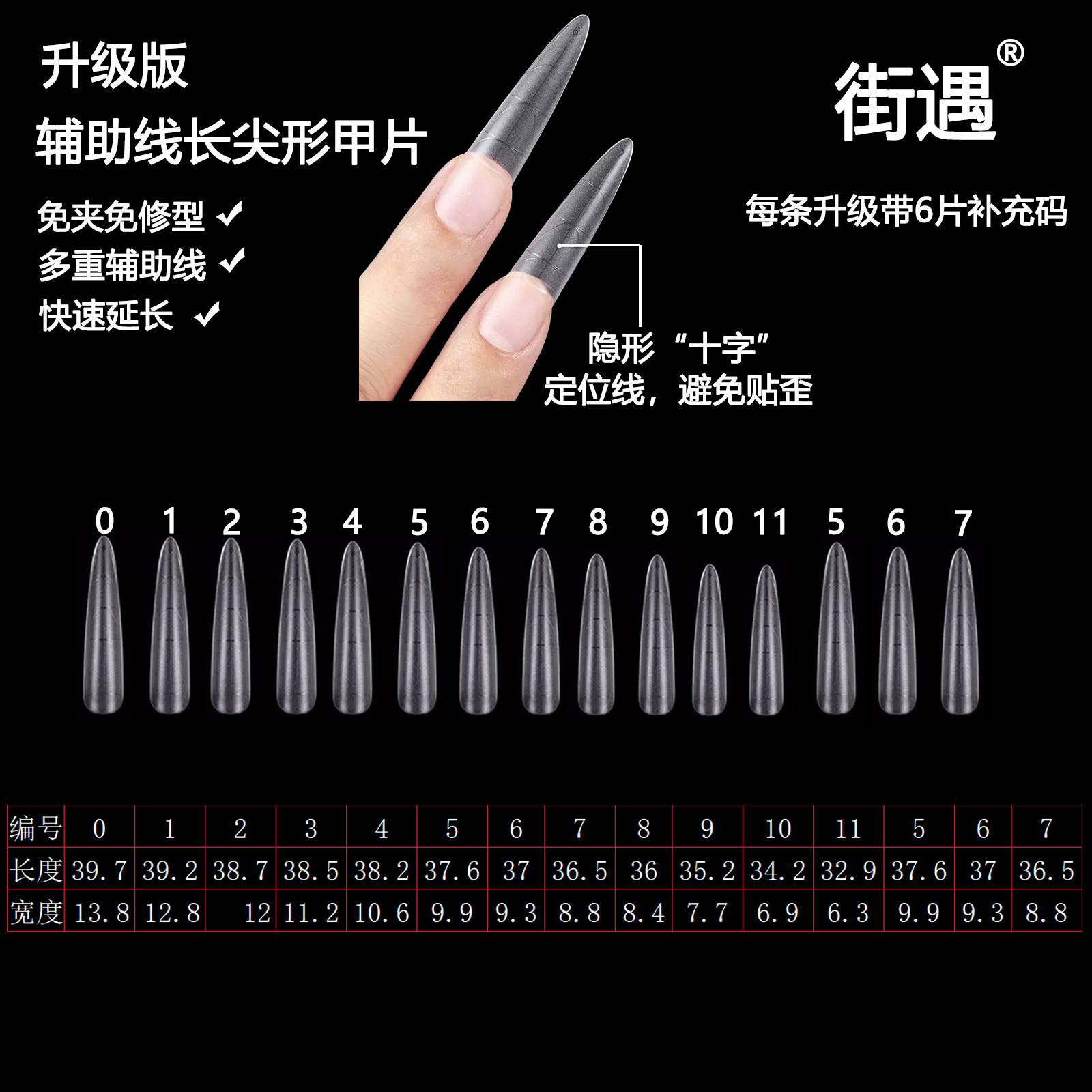 街遇细狗甲片辅助线长梯长尖全欧美无痕磨砂免刻磨美甲店美甲贴片详情1