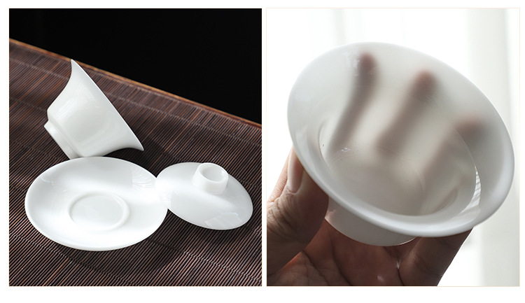 Dehua Light luxury sheep fat jade white porcelain ice jade porcelain tea set, home gift covered bowl Tea cup complete set as a souvenir pic 11