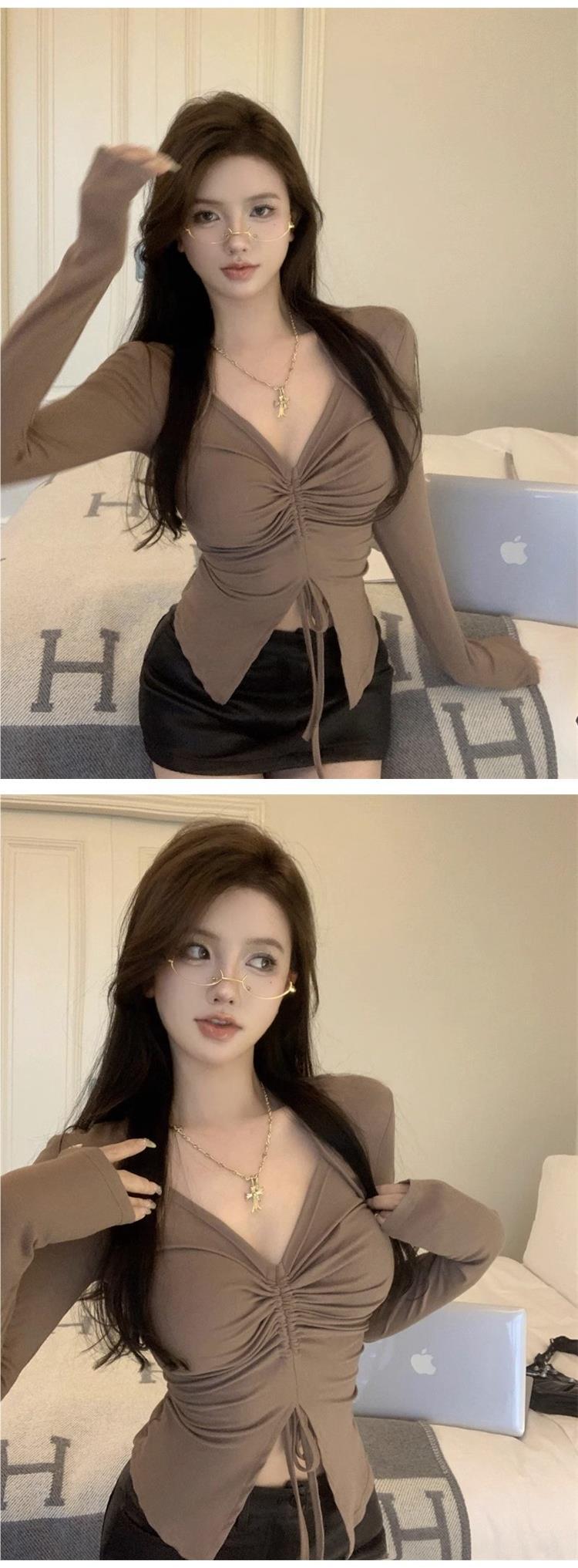 韩版新款辣妹v领长袖T恤女春秋性感抽绳纯欲打底衫上衣女一件代发详情1