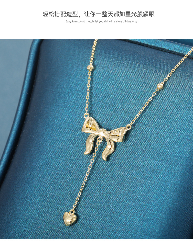 影响力饰品跨境在逃公主黄金色蝴蝶结项链长款毛衣链爱心吊坠流苏锁骨链女详情9
