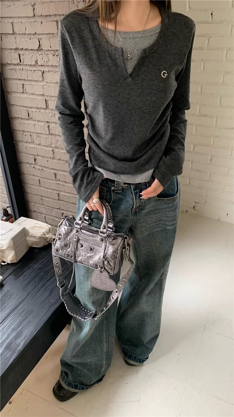 女士T恤假两件长袖T恤秋冬内搭修身显瘦打底上衣美式复古打底衫详情7