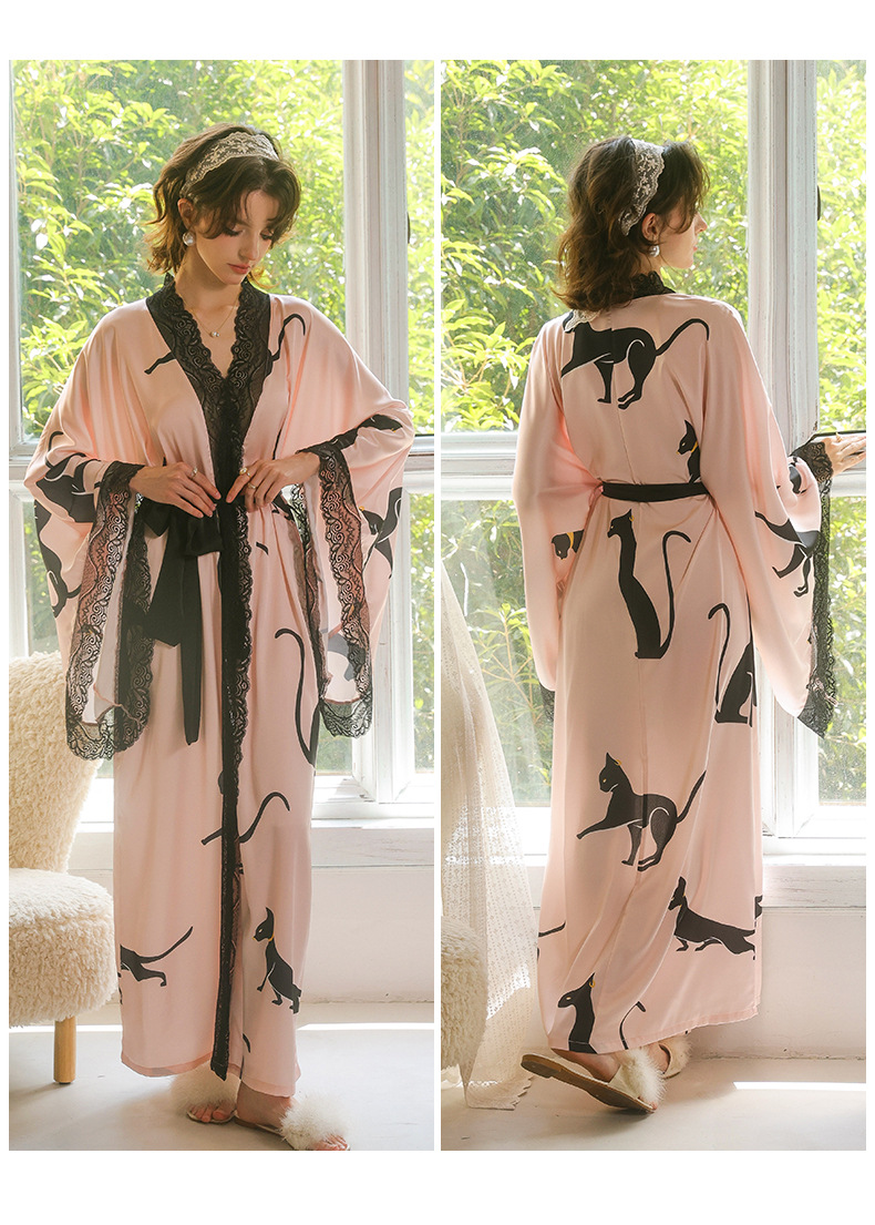 Feiyun retro leopard print lace patchwork sexy long bathrobe Pink silk lace-up Home gown 943 pic 12