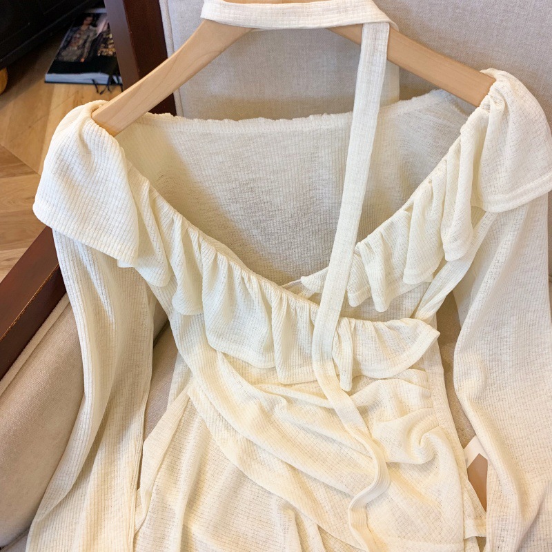 实拍~纯欲甜美荷叶边飘带一字肩收腰褶皱天丝上衣不规则衬衫详情10