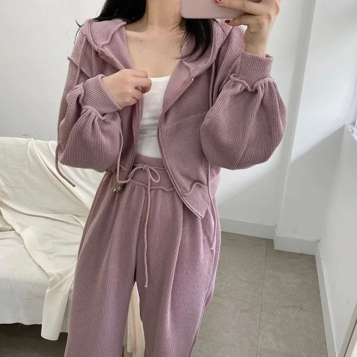 春秋季薄款时尚套装休闲宽松直筒裤女套装宽松显瘦拉链连帽两件套详情3