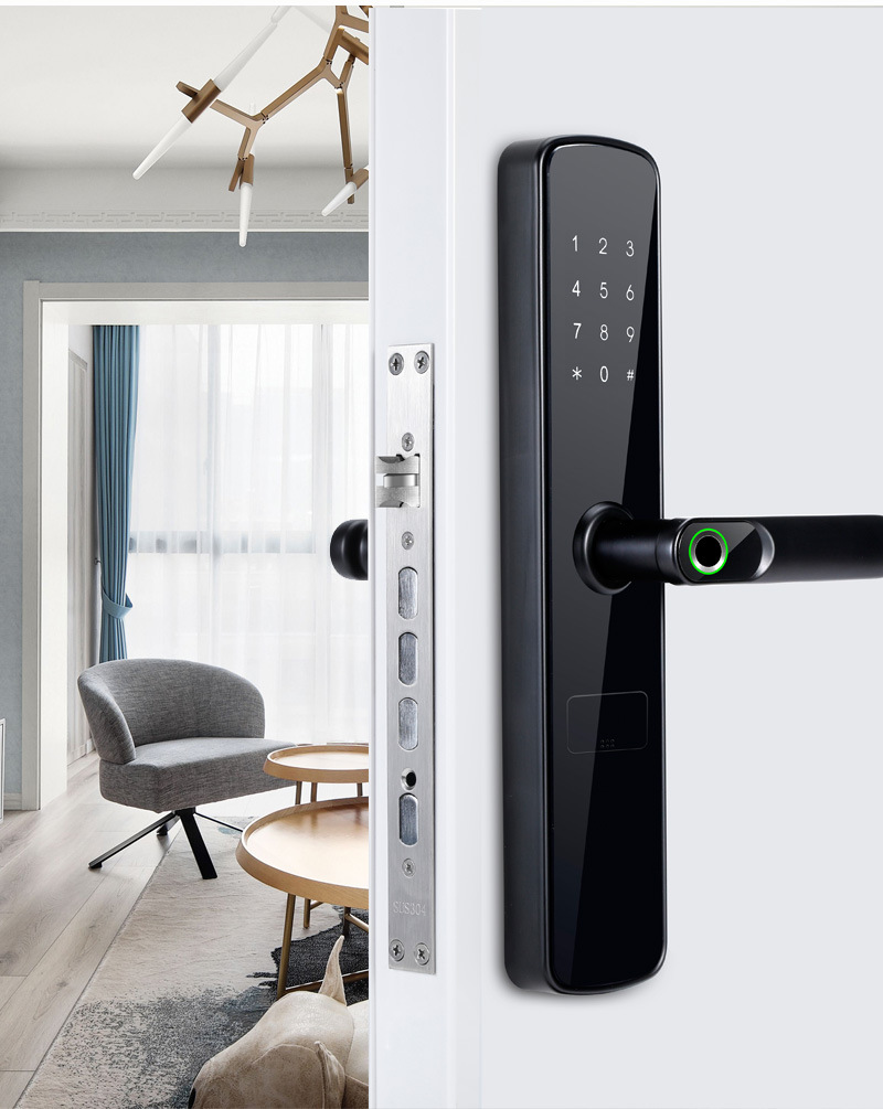 Tongtong Lock, black smart door lock, facial recognition, fingerprint, digital keyboard, green sensing ring handle pic 4
