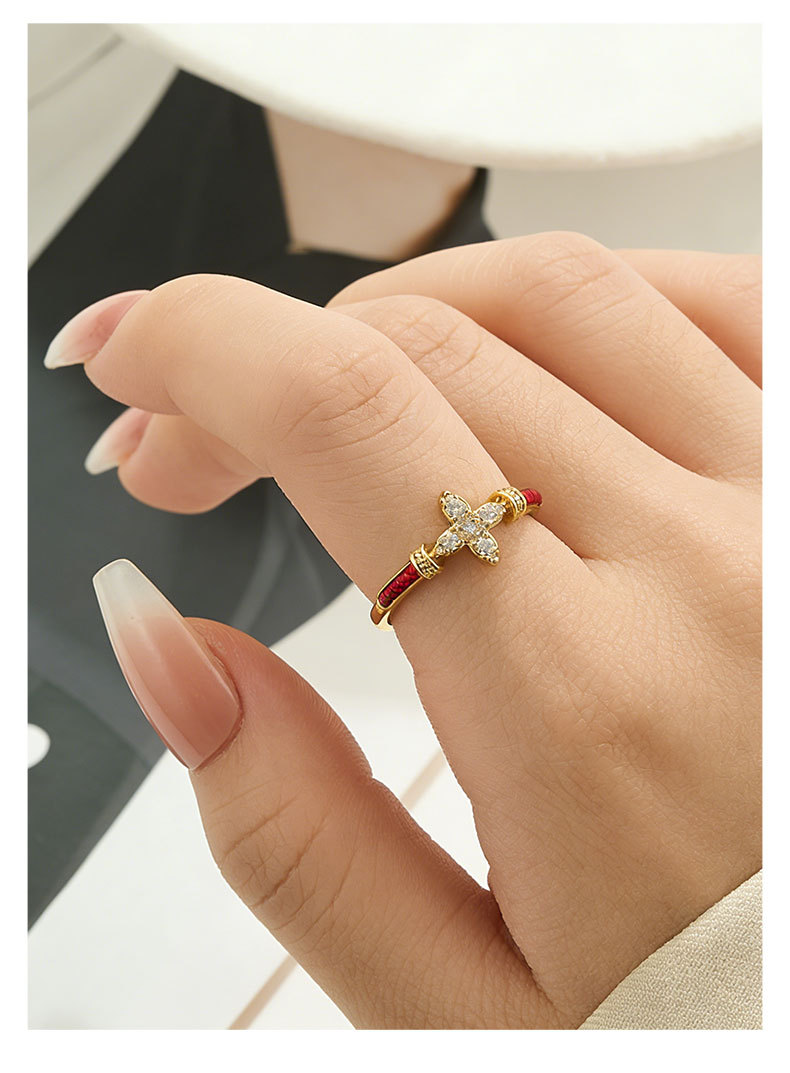 Original design: Red string starlight open ring, copper alloy, real gold electroplated with zircon, adjustable index finger ring pic 9