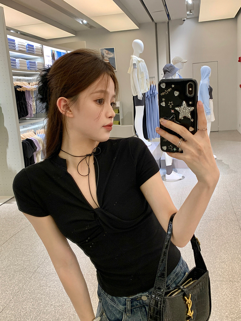 雅姿欣设计感白色短袖T恤两穿修身辣妹百搭显瘦内搭上衣女一字肩详情22