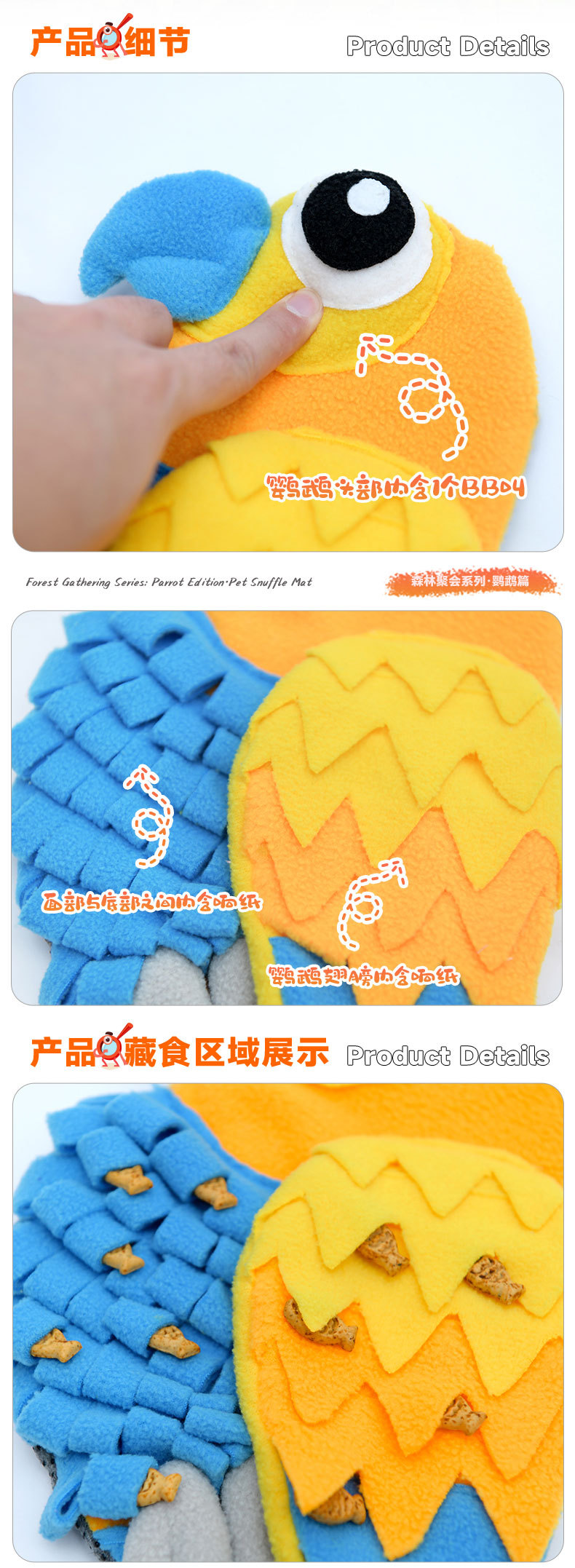 Rongka Pet Cross-border Forest Gathering Series: Colorful parrot-shaped pet Sniffing Pads, Fun and educational Hidden food pads pic 9