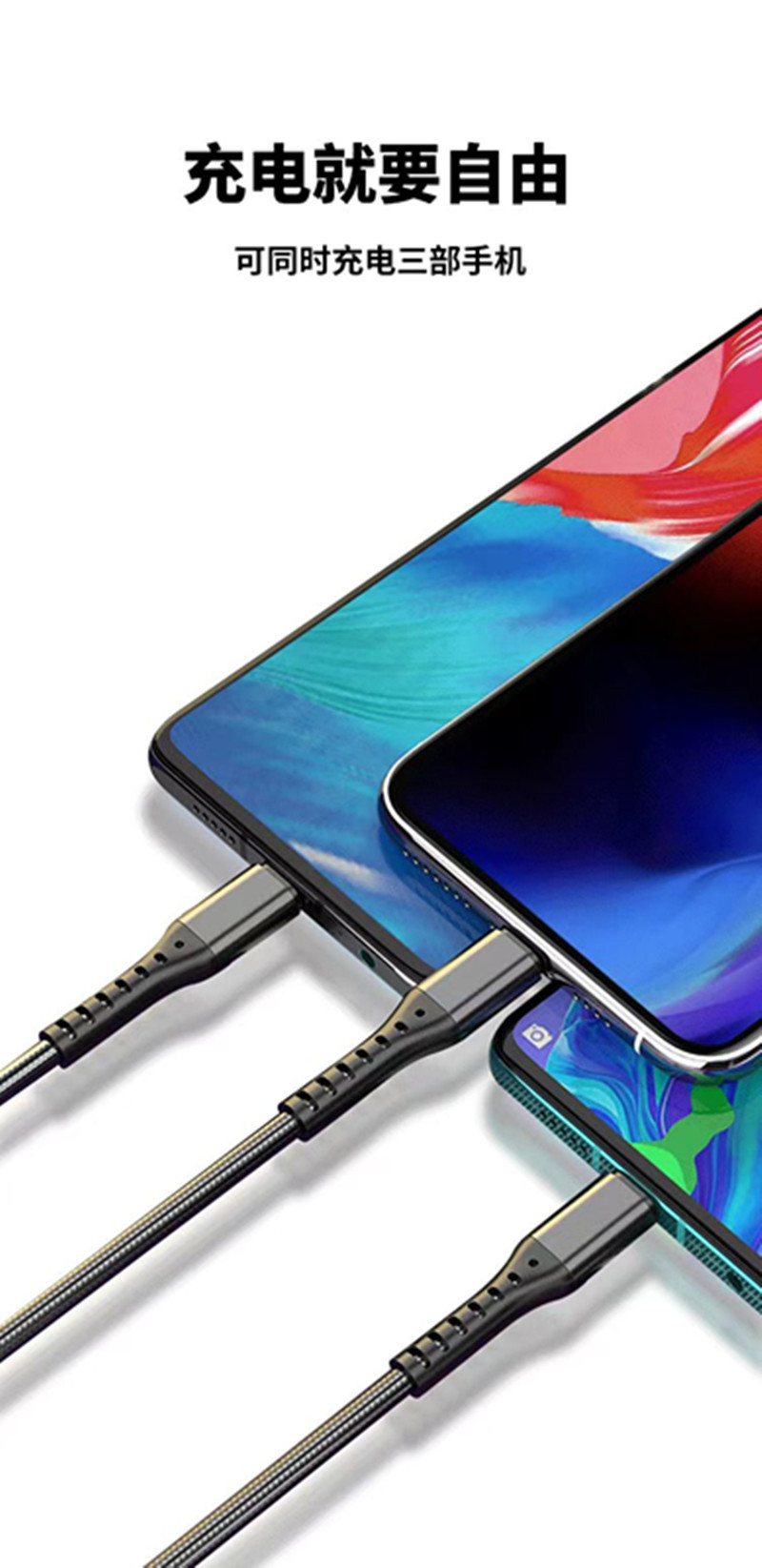 66W超级快充一拖三数据线手机快充三合一充电线6A渔网小礼品批发详情3