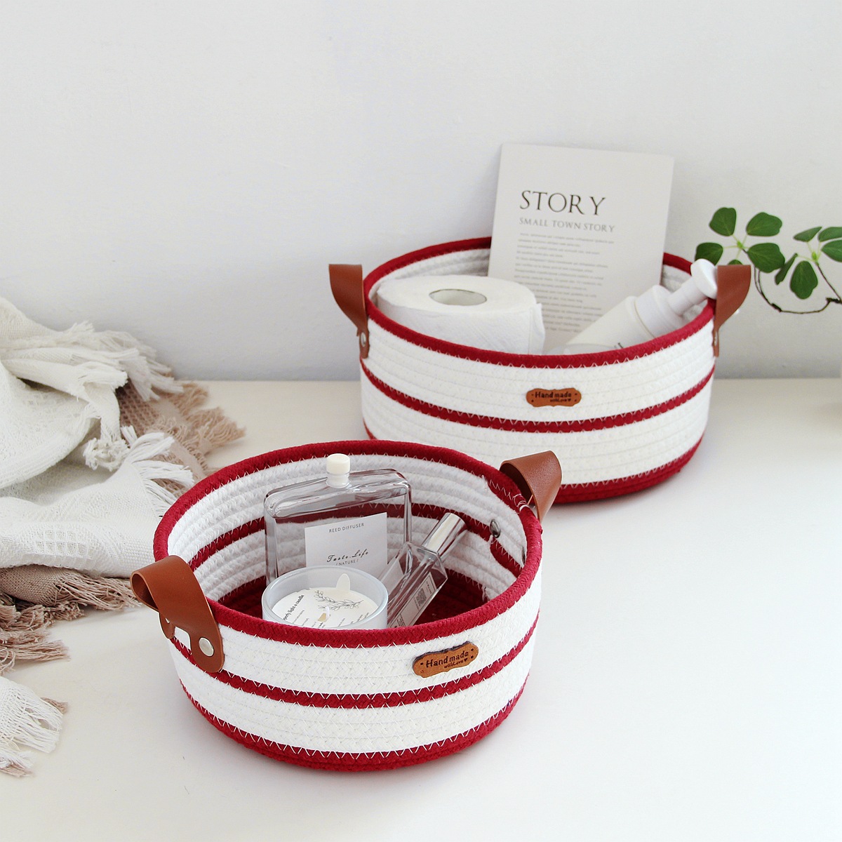 Round cotton rope woven storage basket with leather handle, InS-style desktop storage basket, cosmetics and toys storage box, Nordic style pic 11