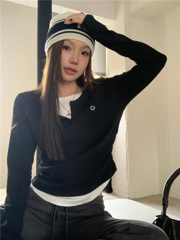 女士T恤假两件长袖T恤秋冬内搭修身显瘦打底上衣美式复古打底衫详情27