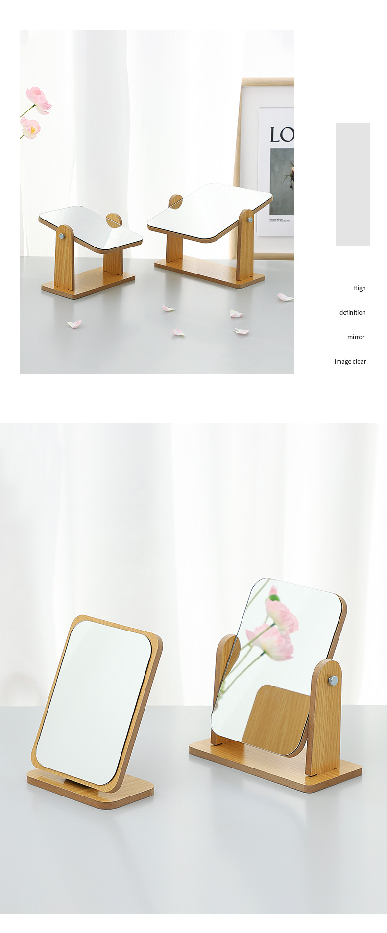 2926 Simple wooden makeup mirror, rotating desk makeup mirror, desktop student dormitory folding dressing mirror, portable pic 14