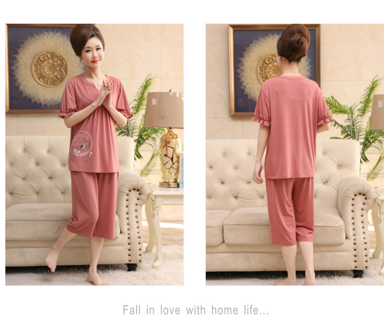 夏季莫代尔睡衣女短袖七分裤中老年妈妈套头宽松套装薄款家居服详情7