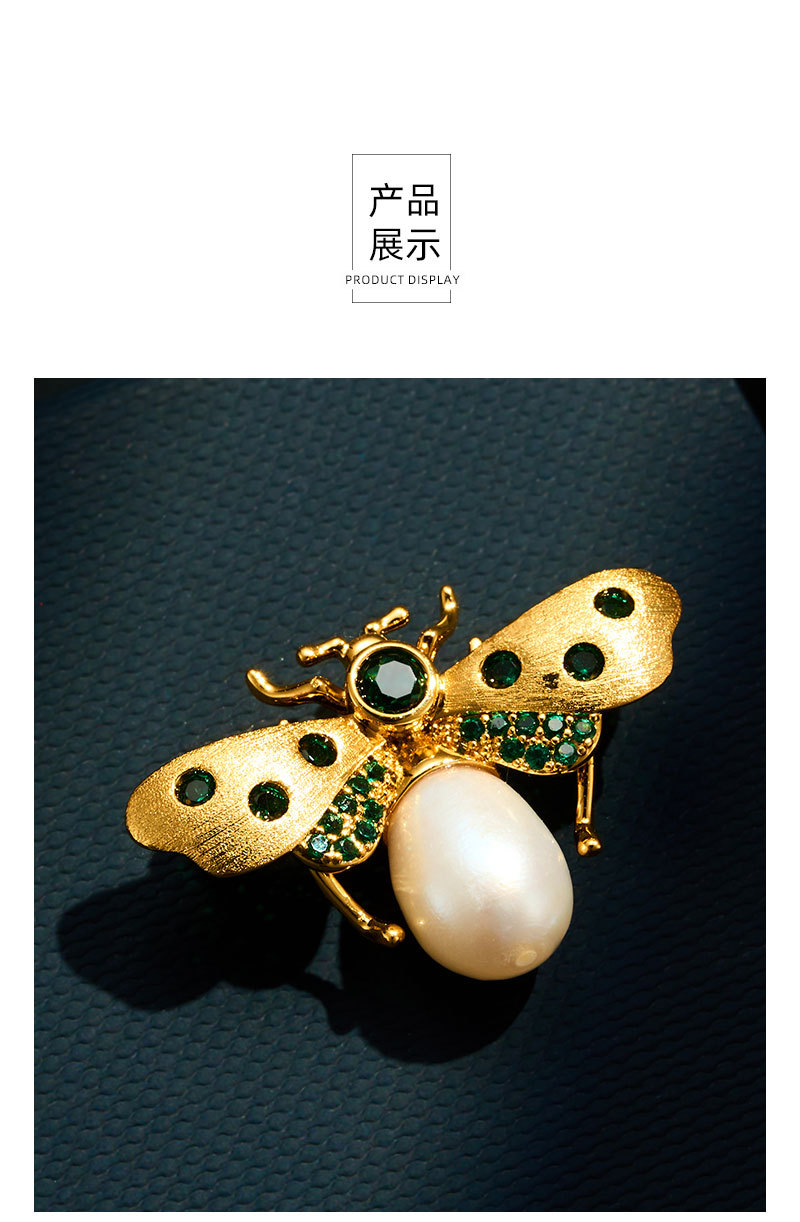 Dynamic and high-end brushed gold bee brooch, copper alloy, real gold electroplated, slightly inlaid zircon freshwater pearl brooch pic 11