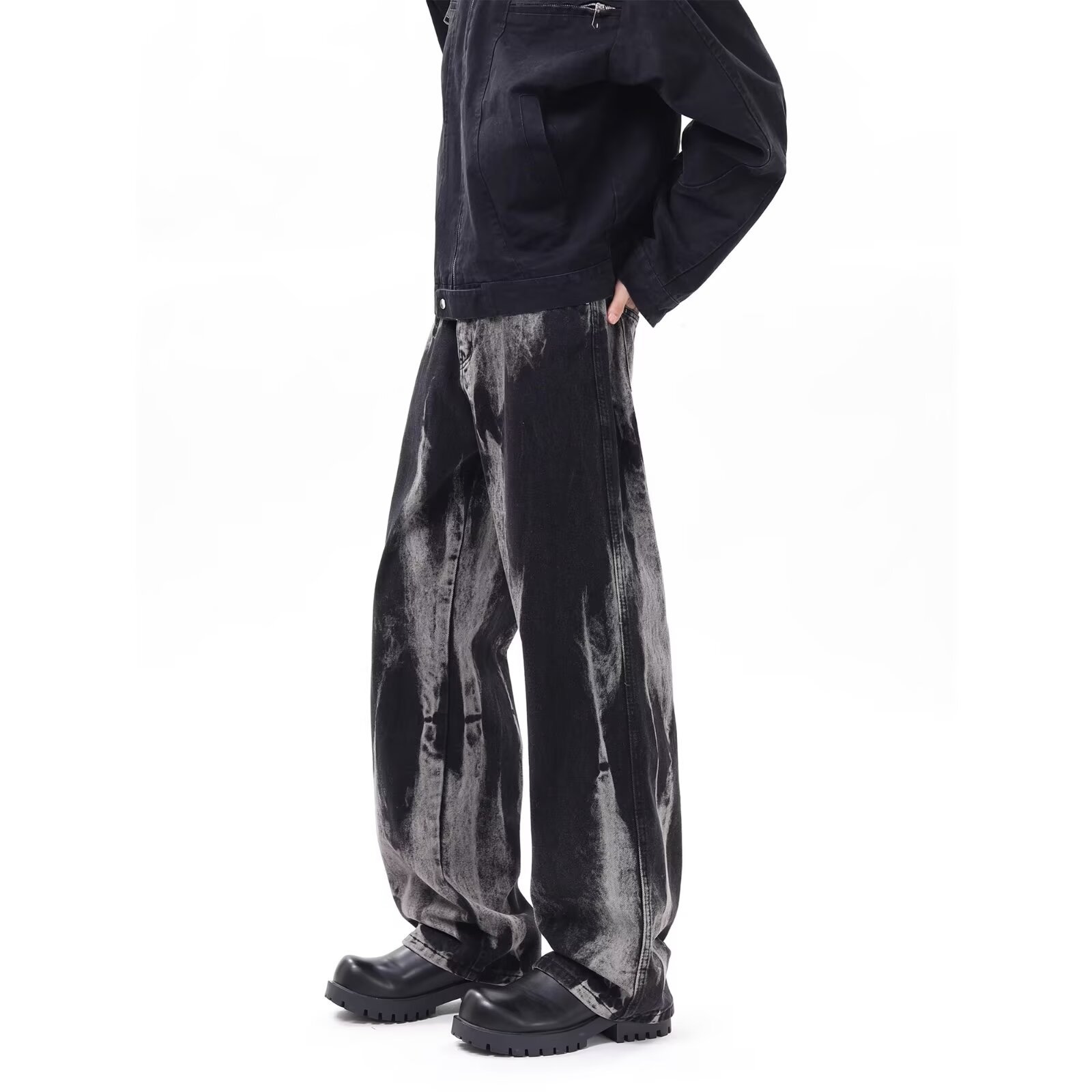 FUIV 扎染水洗垂感牛仔裤男女新款渐变宽松显瘦直筒阔腿拖地裤子详情2