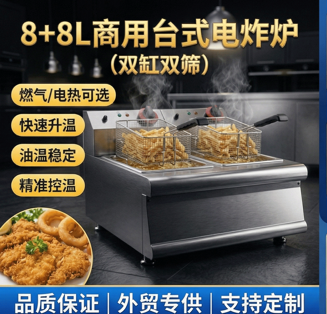 Kaiping desktop double-cylinder double-sieve electric fryer, 8+8L, frying basket, oil, French fries, fryer, snack machine, semi-automatic temperature control pic 2