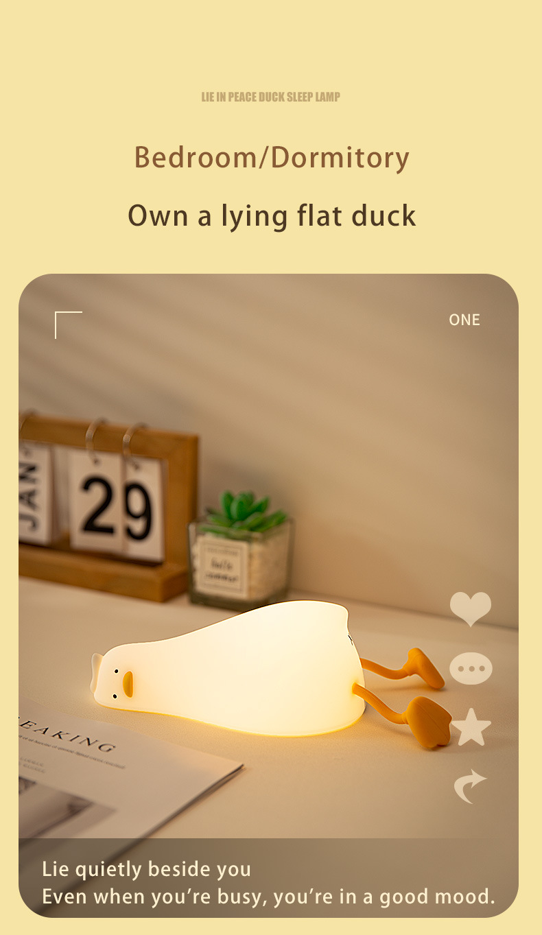 Lying flat Duck night light, patting light, silicone LED, turning duck, charging, bedside companion, mobile phone stand, night light creativity pic 10
