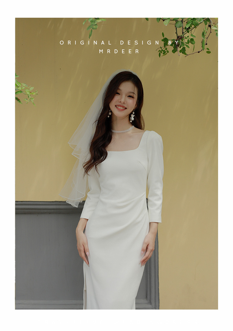 白色法式小礼服方领短袖修身微弹力长款领证订婚小晚礼服连衣裙详情30