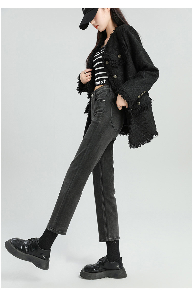 爆款超柔高腰小直筒牛仔裤女2024春季弹力黑色修身窄版烟管法棍裤详情33